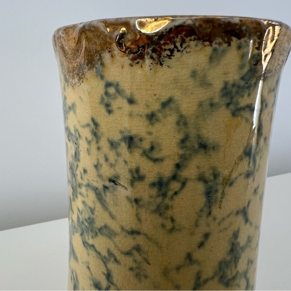 Vintage Small Blue Yellow Spongeware Stoneware Pitcher Vase Ceramic Piece - Picture 4 of 16